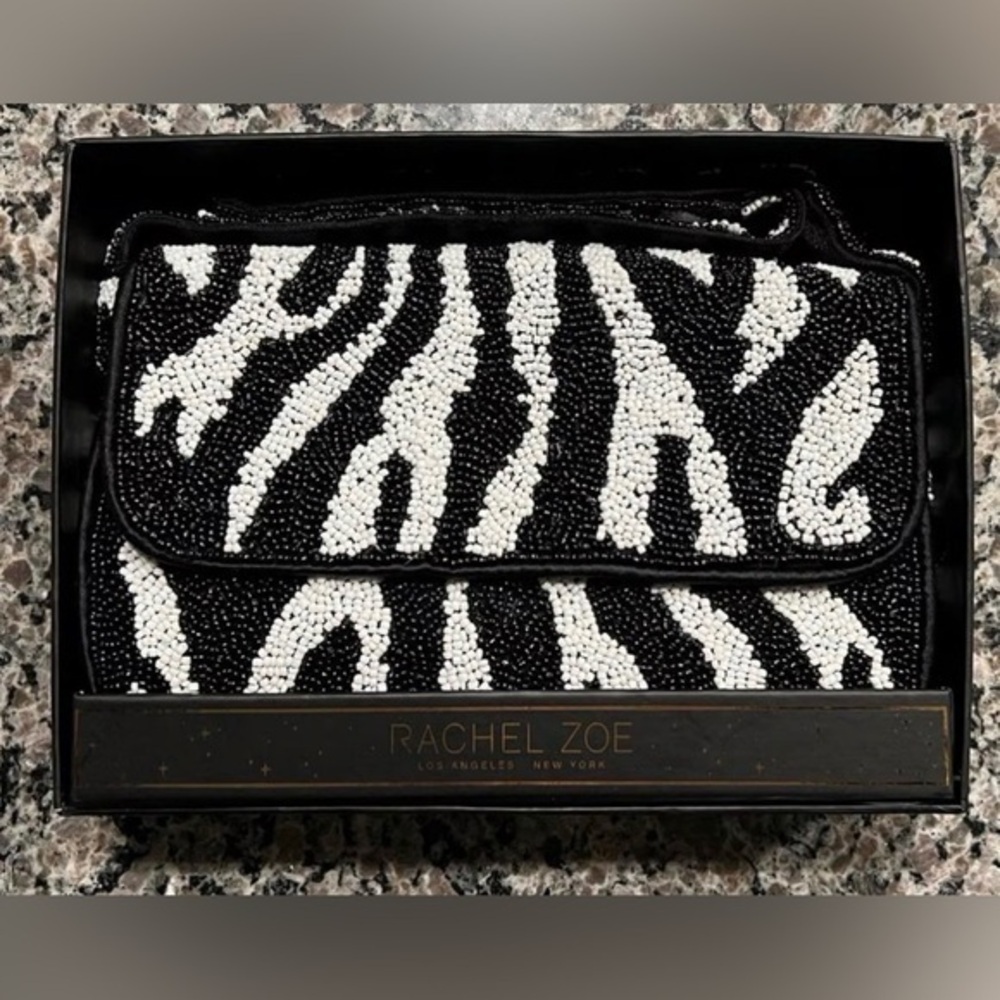 NWT Rachel Zoe, zebra printed beaded zebra print handbag clutch purse
